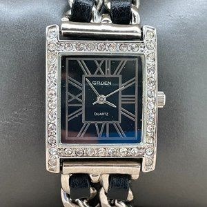 Gruen Ladies Wristwatch Black Leather Silver Tone Quartz Women Watch